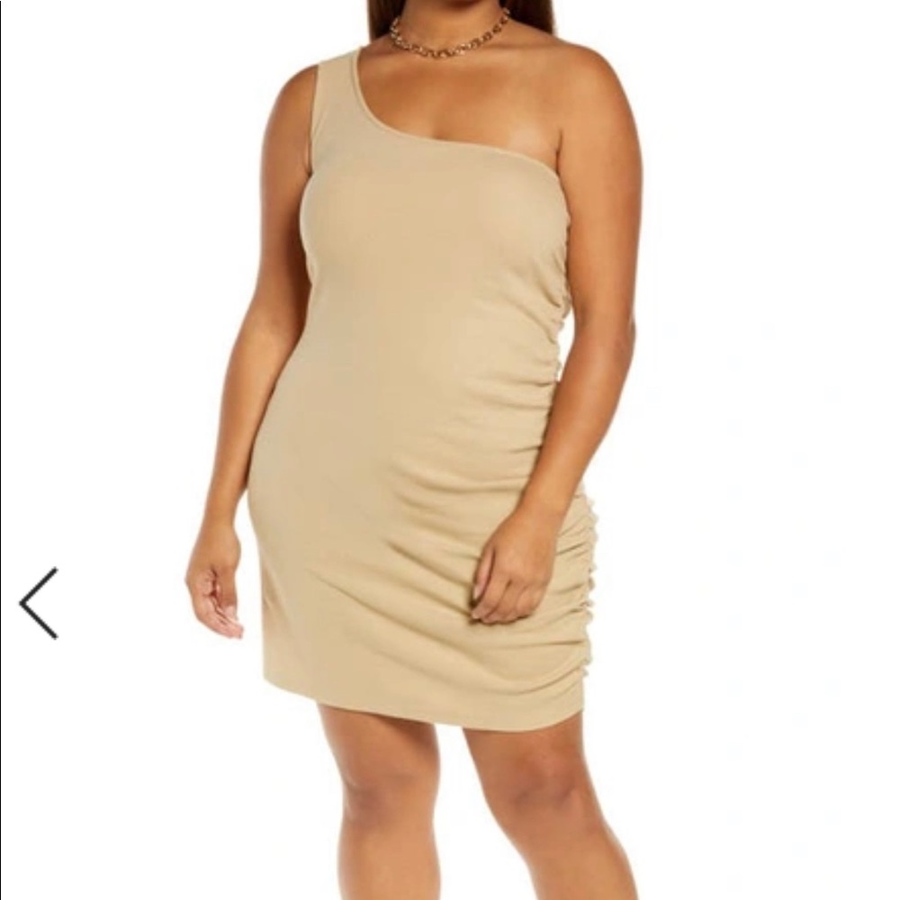 NWT Nordstrom BP. Plus One Shoulder Cotton Blend Knit Minidress In Beige Nougat
